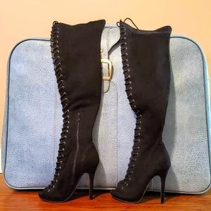 Thigh high peep toe lace up stiletto boots